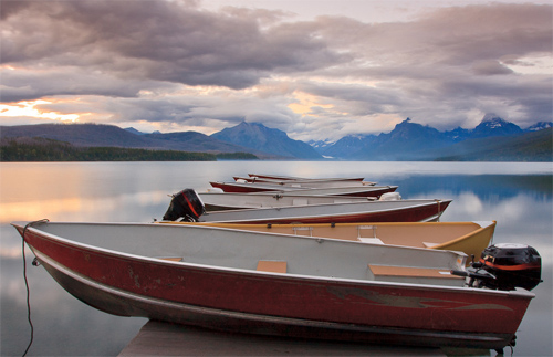 Boats Resting on Dock at Sunset